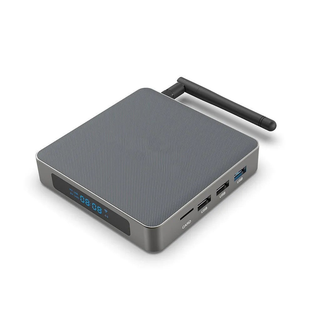 Black Android TV Box with remote, HDMI cable, and power adapter for 8K streaming.