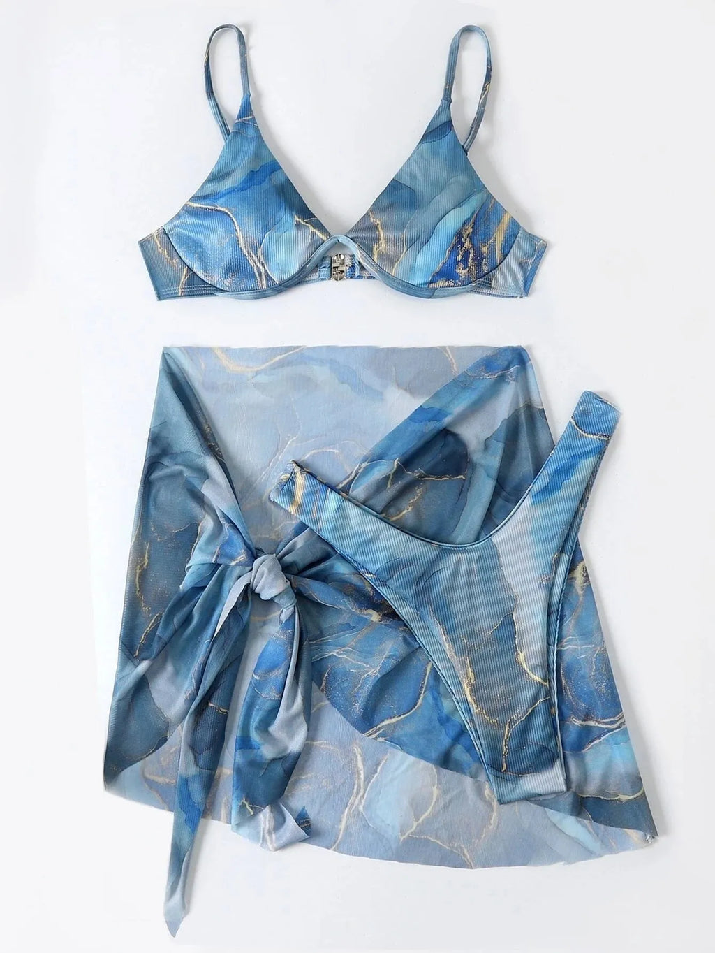 Marble print three-piece bikini swimwear set in multiple colours with skirt, bra and panties