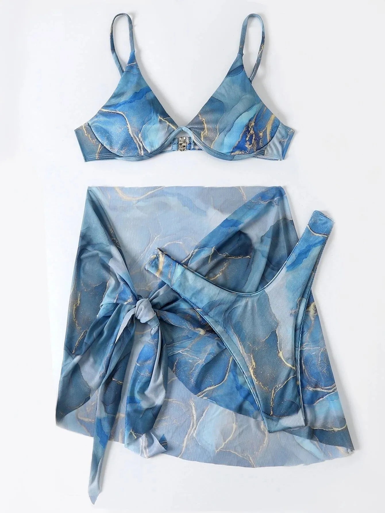 Marble print three-piece bikini swimwear set in multiple colours with skirt, bra and panties