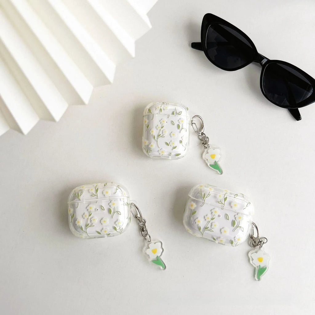 Transparent TPU AirPods case cover with white floral design showing compatibility with multiple Apple AirPods models