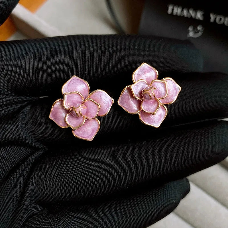 Gold plated purple oil-spot glaze flower stud earrings on copper with fresh style design