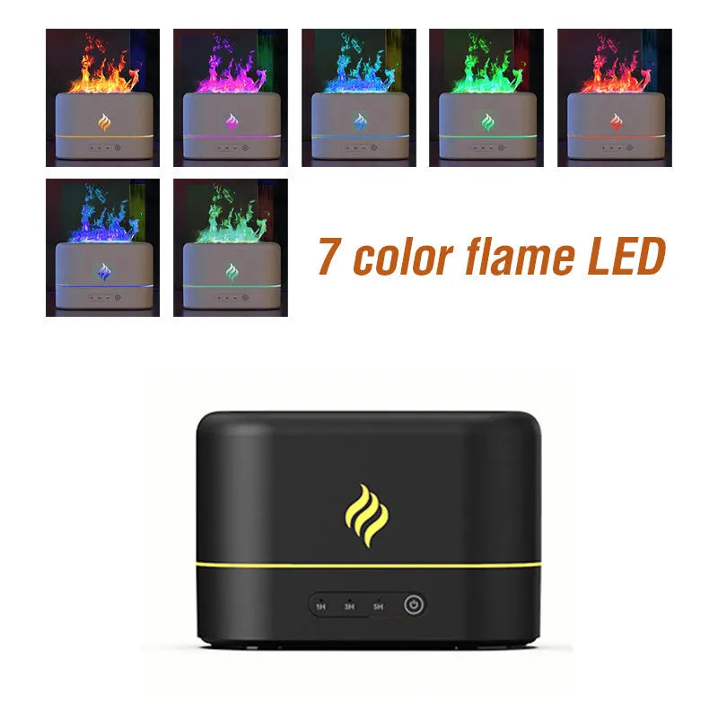 Black and white seven-colour flame aromatherapy humidifier with USB cable and water tank