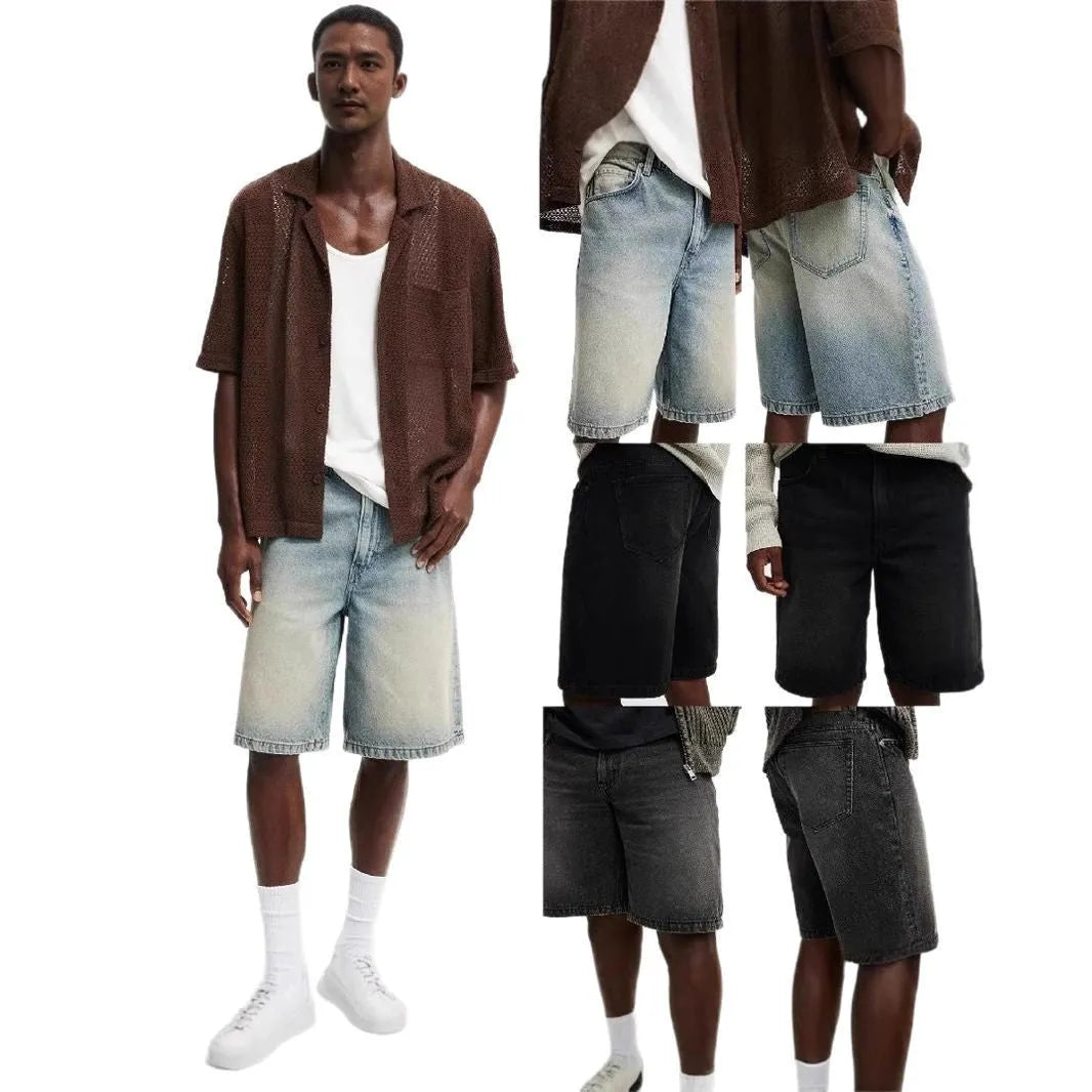 Men's loose fit straight leg denim jeans in light blue, black, and grey colour options