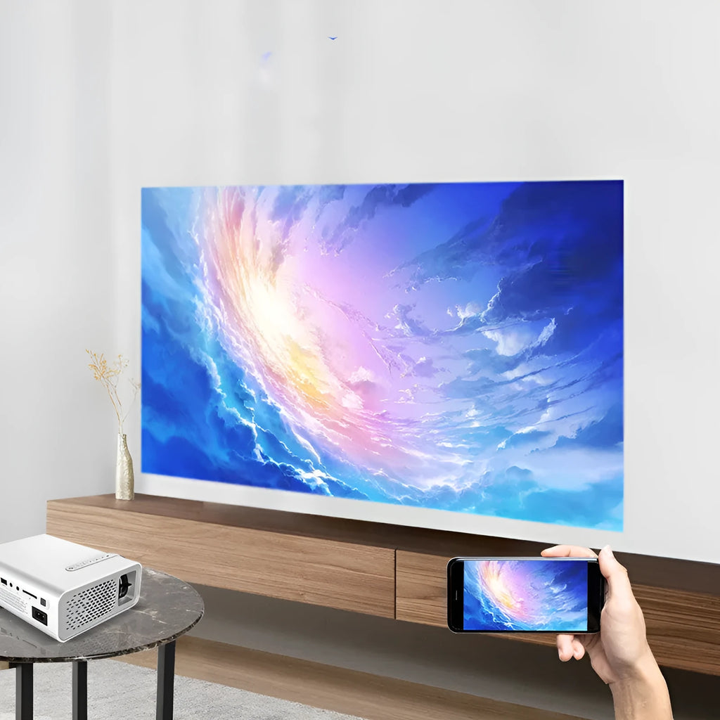 YG530 mini mobile phone projector in black or white showing wireless connection and large projection screen