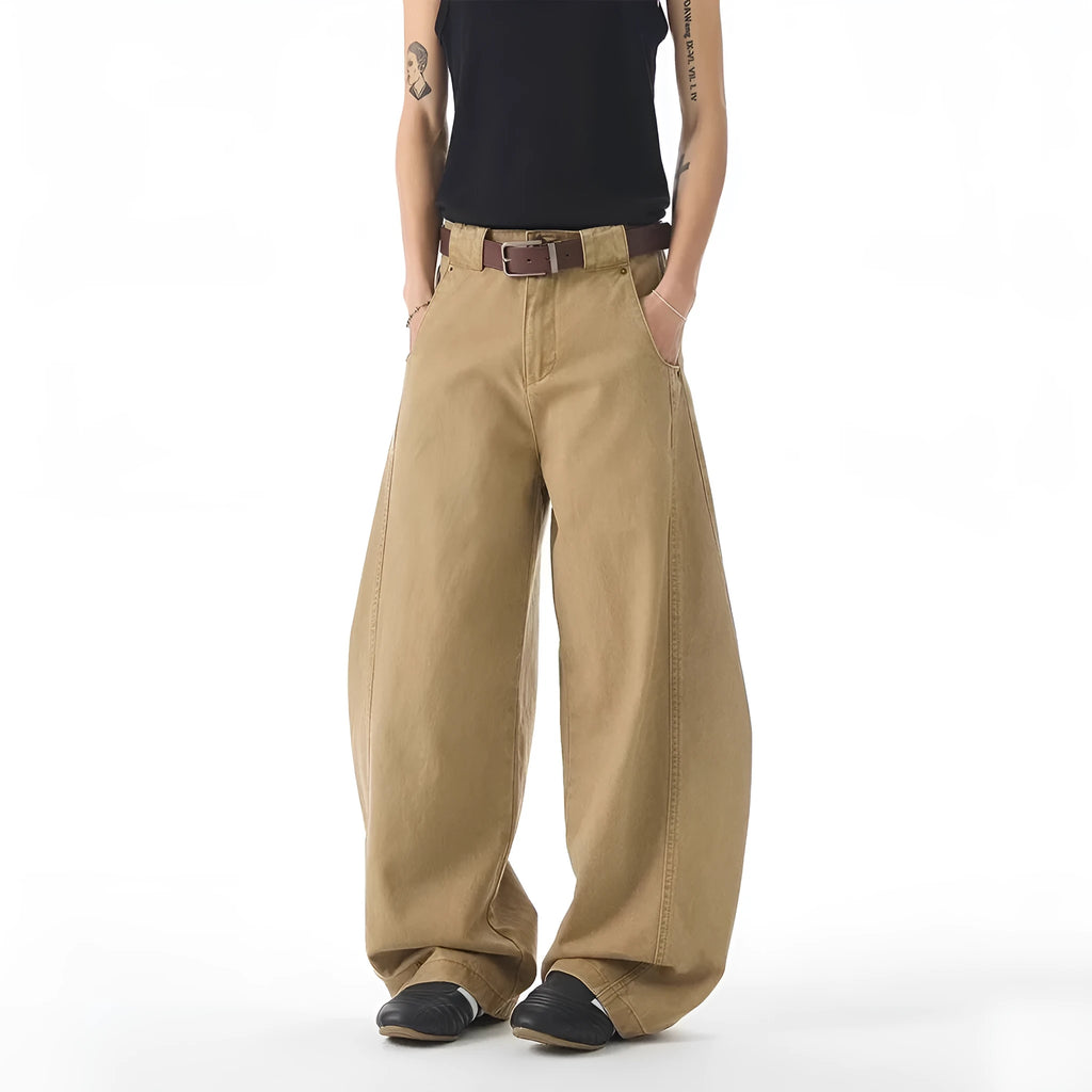 Brown men's loose fit jeans with straight leg design and button fly opening