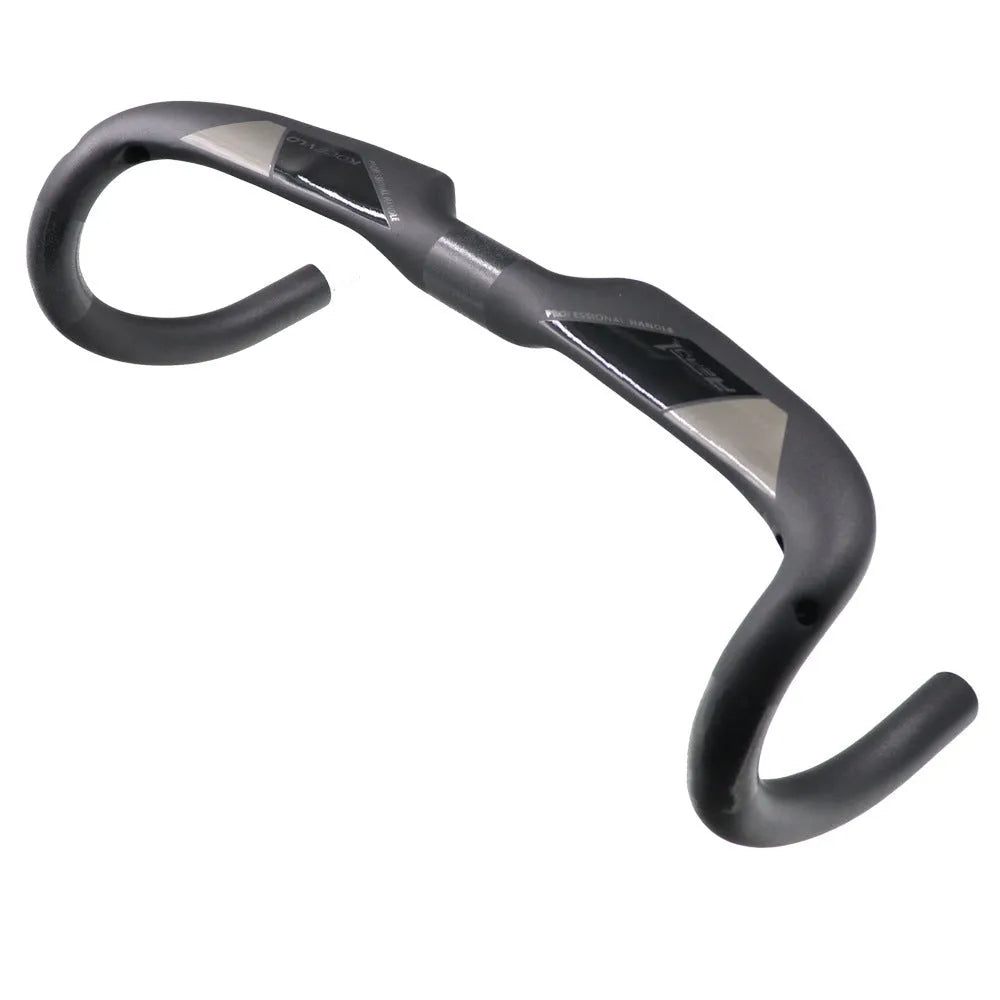 Wei Bike matt carbon fibre bent road bicycle handlebar showing its curved shape.