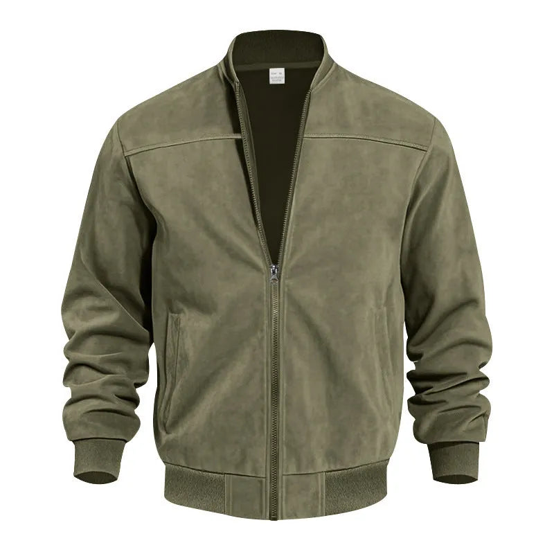 Men's plus size suede casual jacket in army green colour with a zip front.