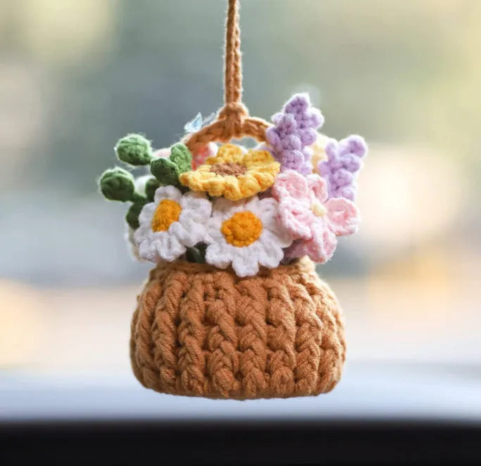 Knitted green and white car plant decoration with hanging rope