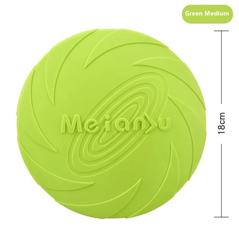 Soft rubber dog frisbee toy in blue, green, or red, shown in small, medium, and large sizes.