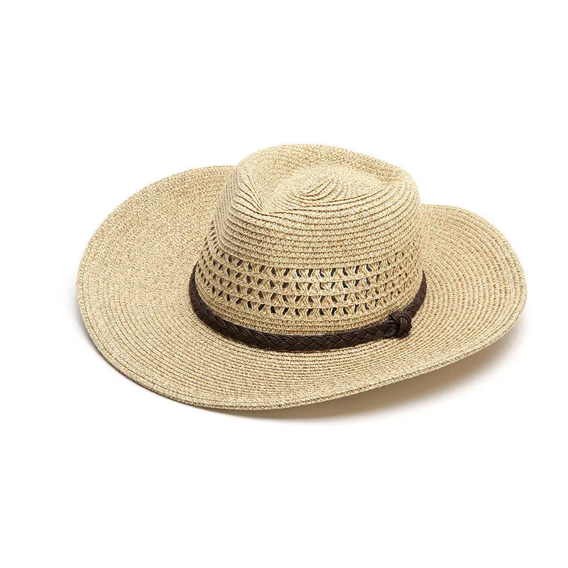 Men's foldable wide-brim straw sun hat in mixed beige shown in three circumference sizes