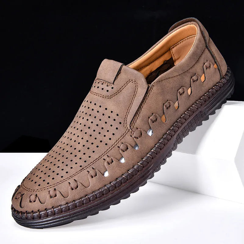 Men's brown hand-sewn PU slip-on casual shoes with a flat sole and round toe.