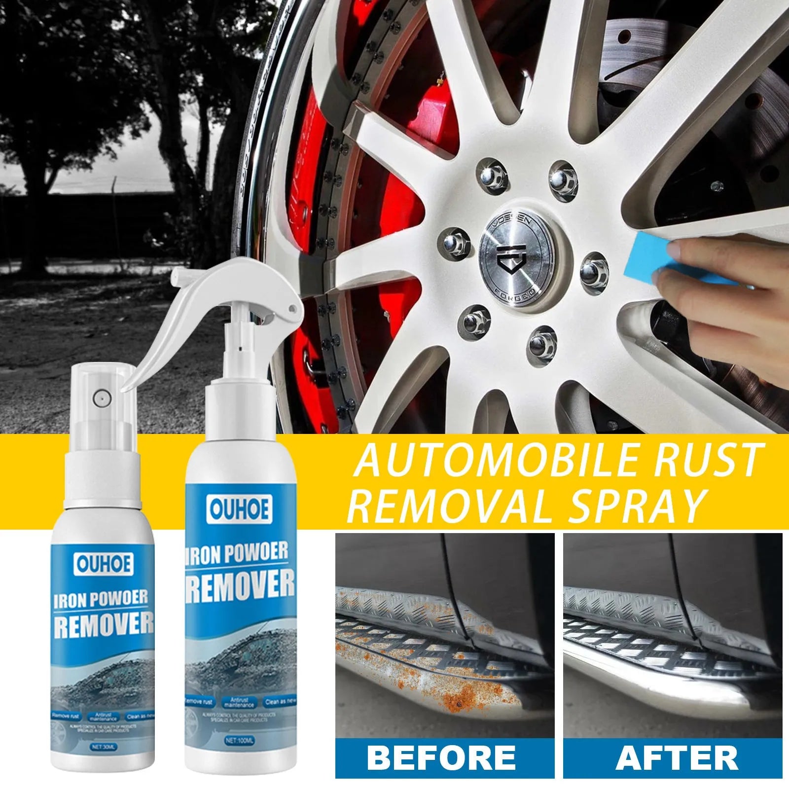 Automotive rust remover spray bottle with blue square sponge applicator for car metal surfaces