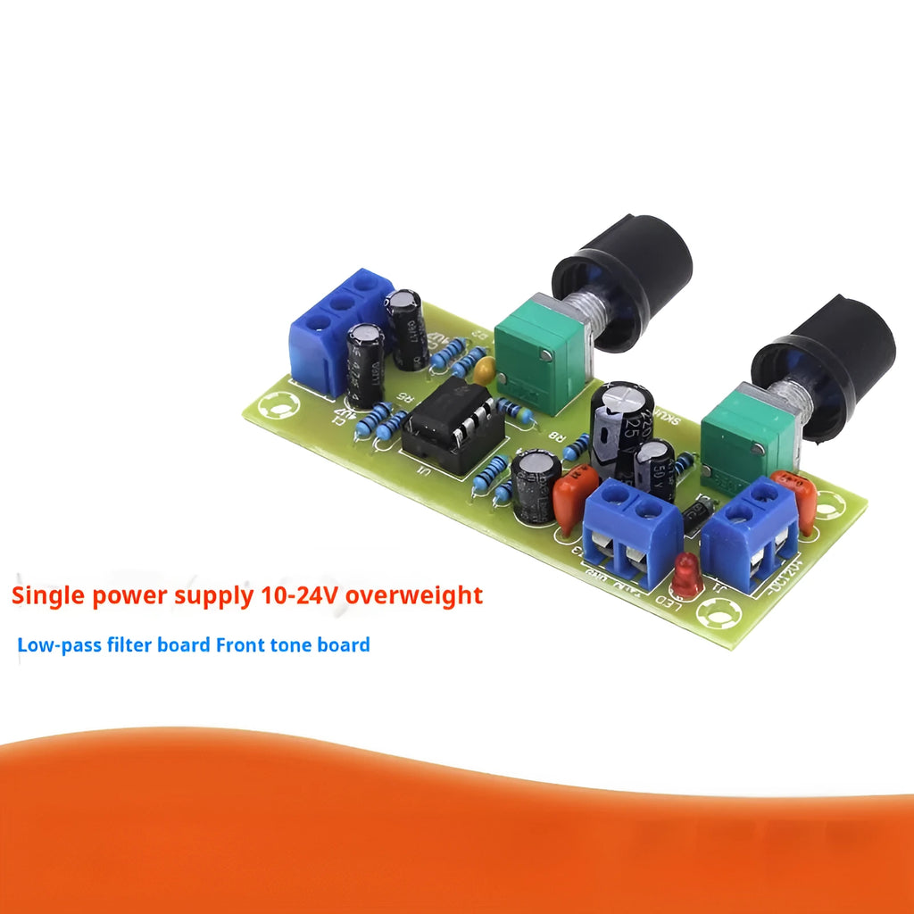 Single power supply 10-24V bass boost front stage audio circuit board on FR-4 PCB