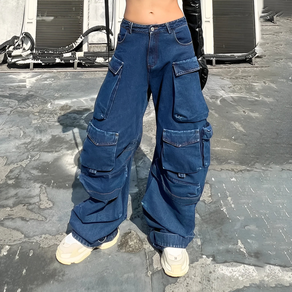 Dark blue distressed wide-leg high waist women's jeans with multiple pockets.