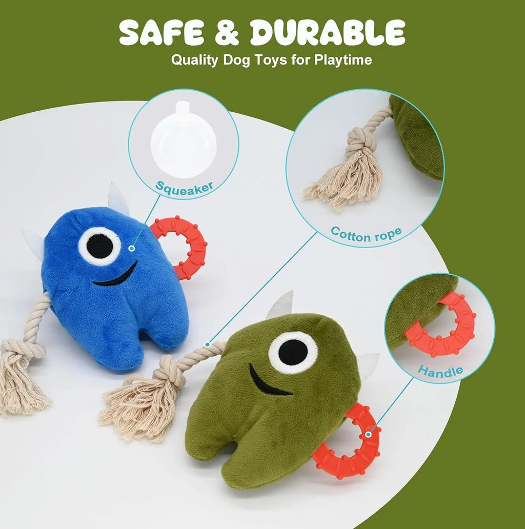 Blue and green monster design plush dog toy with integrated cotton rope tug handles and squeaker inside.