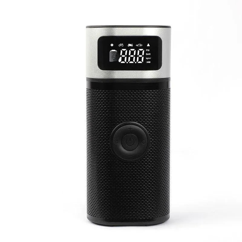Black portable wireless smart vehicle air pump with LED light and USB cable