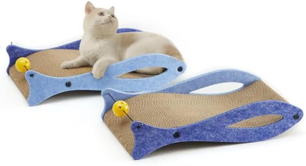 Blue fish-shaped cardboard cat scratcher pad with bell ball toys for indoor furniture protection