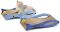Blue fish-shaped cardboard cat scratcher pad with bell ball toys for indoor furniture protection