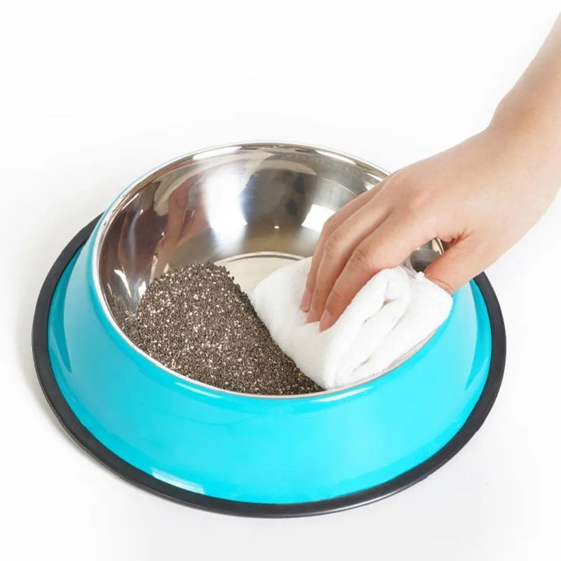 Colourful stainless steel pet bowl with non-slip rubber base available in multiple sizes