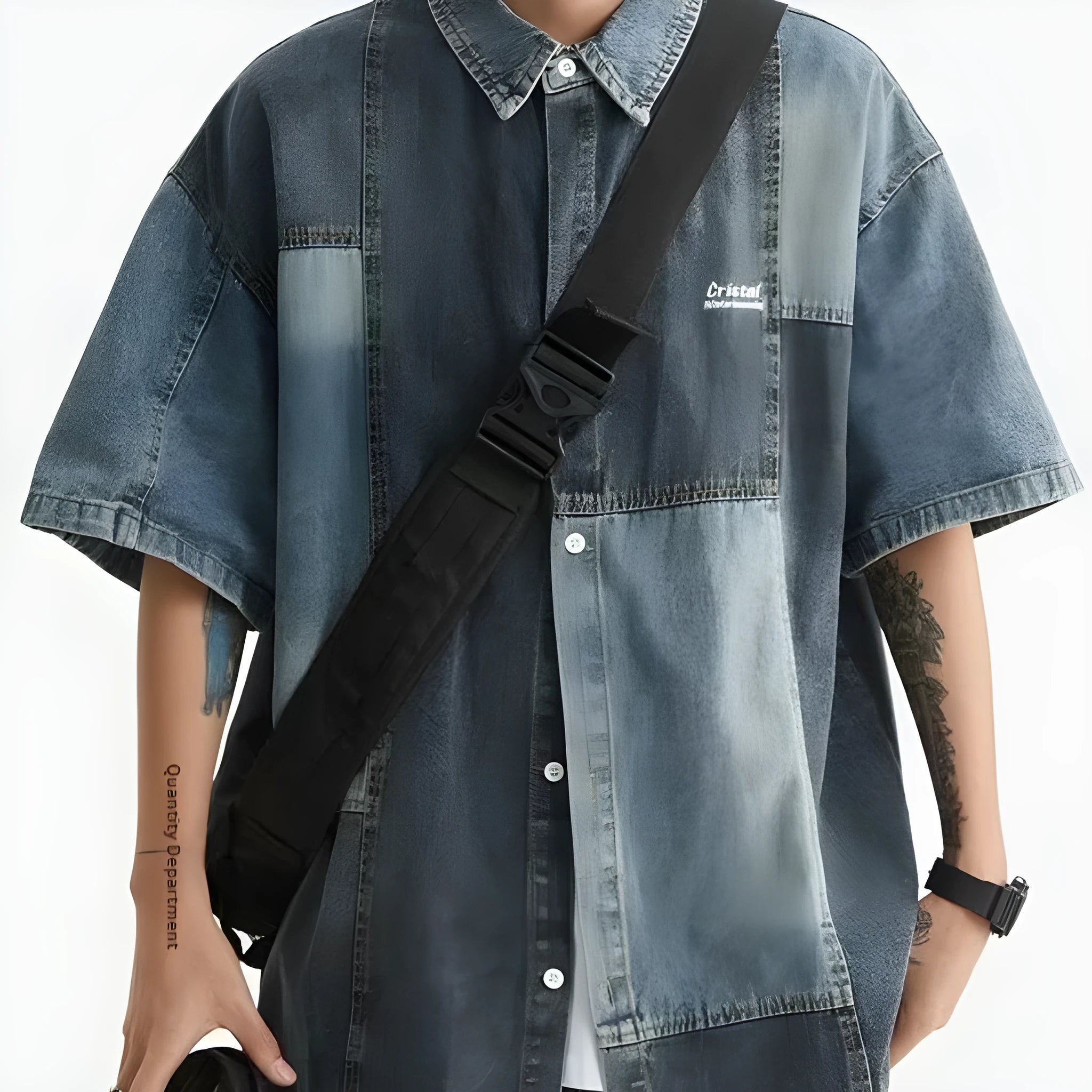Blue Japanese-style retro denim shirt for men with washed stitching and loose cardigan fit