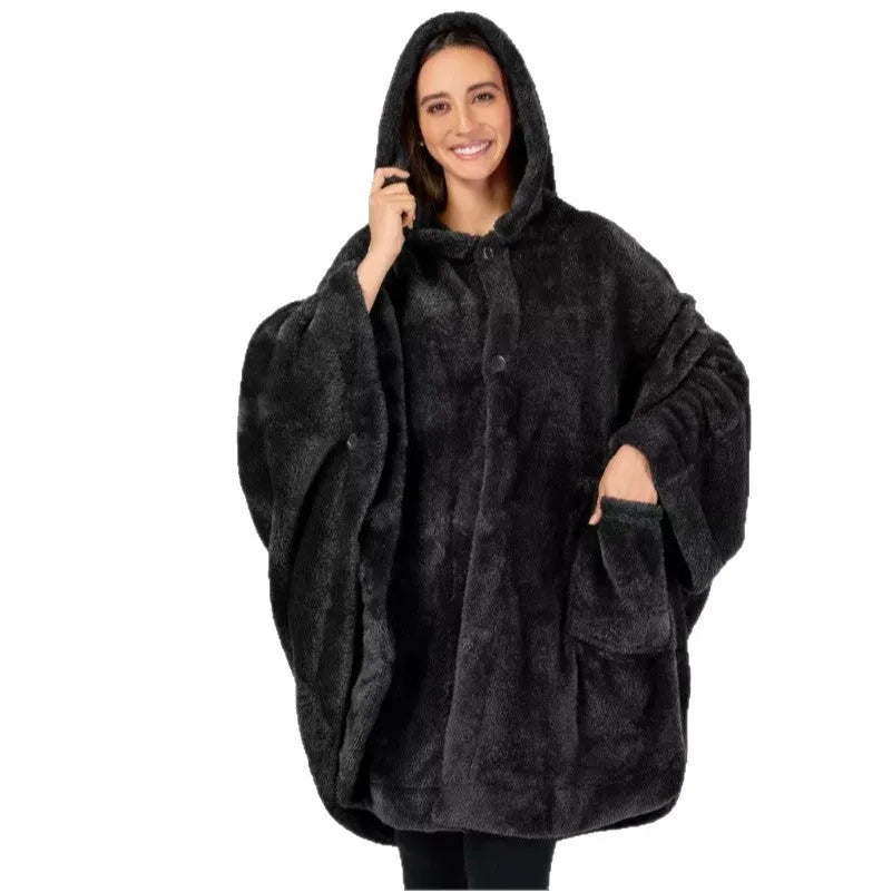A thick, hooded polyester bathrobe in a cardigan style with long sleeves, shown in a solid colour.