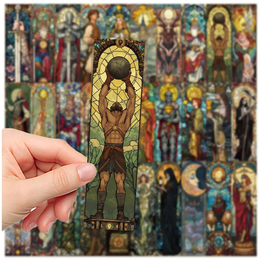 Pack of 30 colourful painted glass tarot bookmarks with cute illustrations on paper.