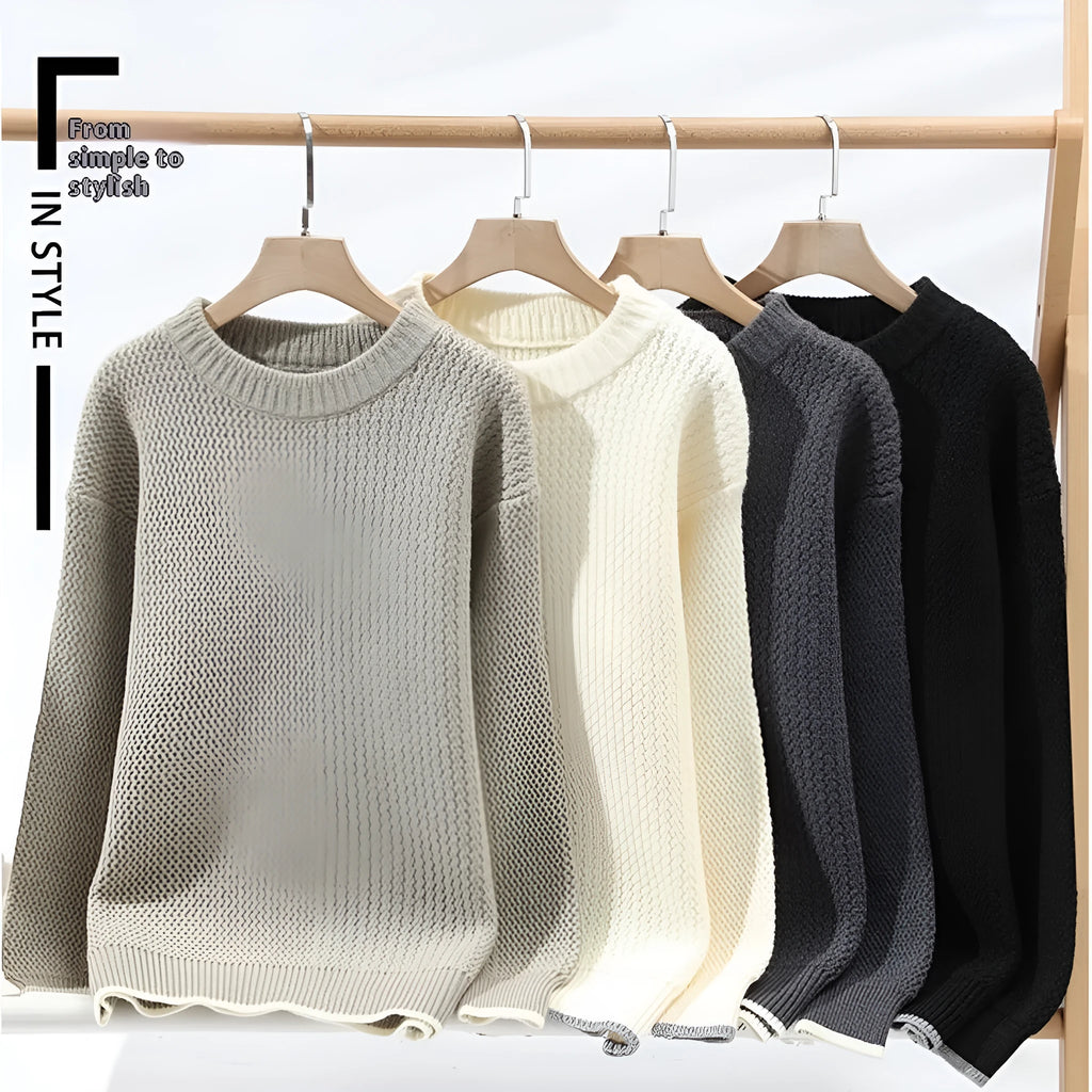 Grey men's loose fit round neck long sleeve pullover sweater for casual autumn wear.