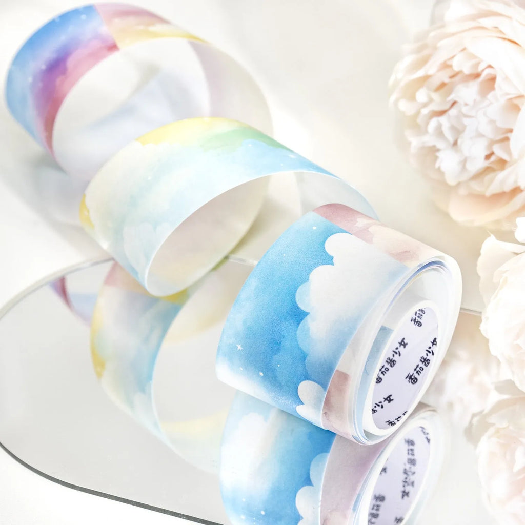 Roll of 30mm Japanese paper tape featuring sky themes like moonlight and clouds for journal decoration