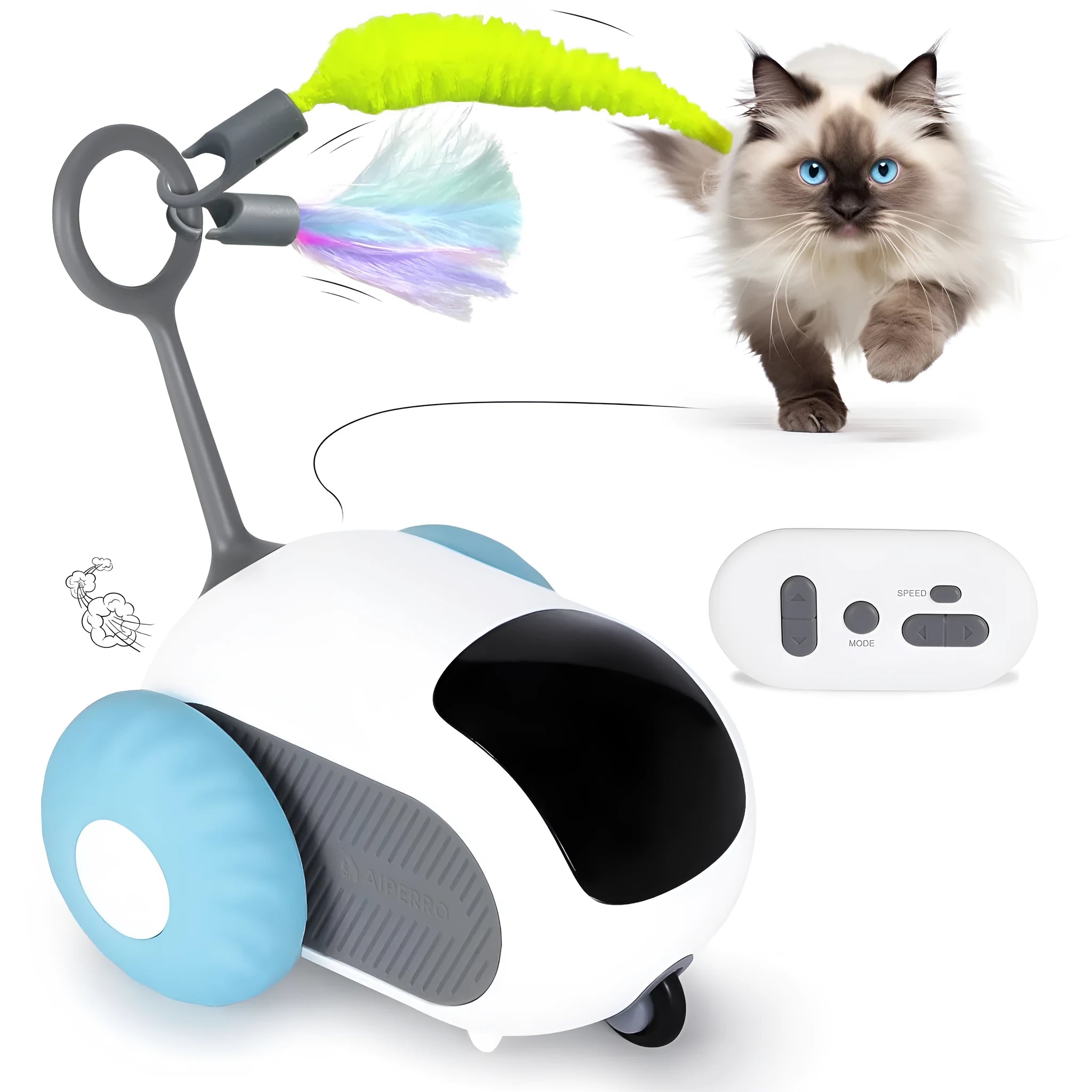 Blue remote-controlled smart cat toy car with feather teaser on a flat surface