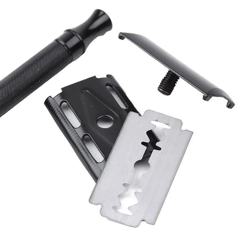 Old-fashioned manual pogonotomy scraping metal shaver with brush in black or silver
