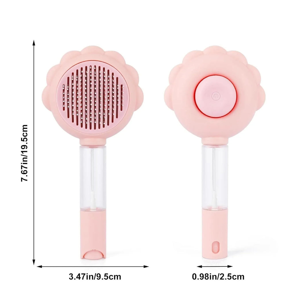 Grey spray cat brush with release button and stainless steel bristles for pet grooming