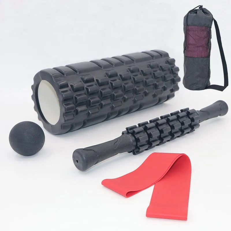 Black fitness foam roller measuring 33cm length with six massage pieces for muscle therapy