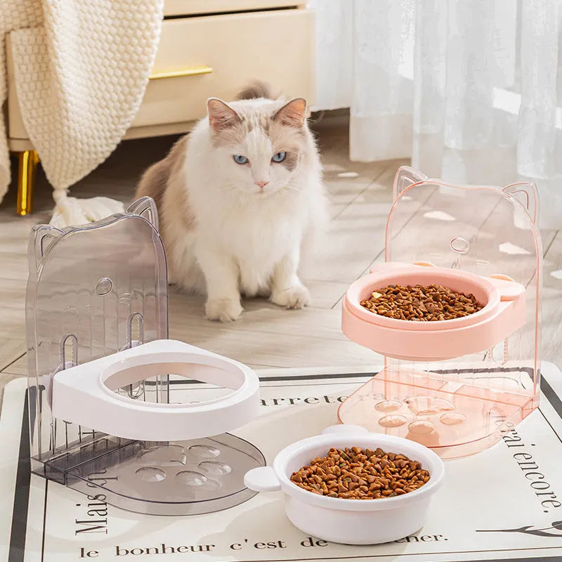 Grey adjustable height cat feeding bowl with anti-spill design and removable cage