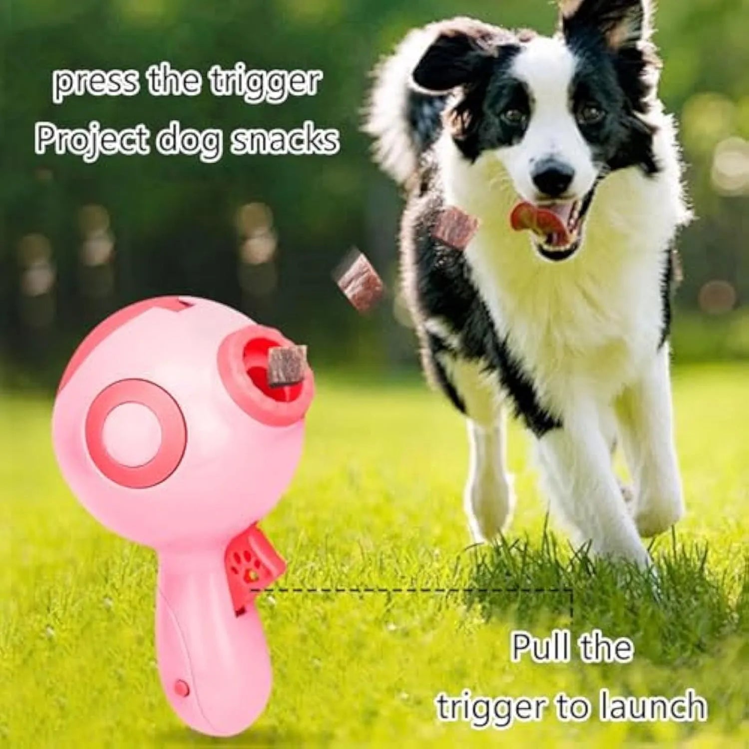 Green, orange and pink dog treat launcher toy for interactive training and slow feeding