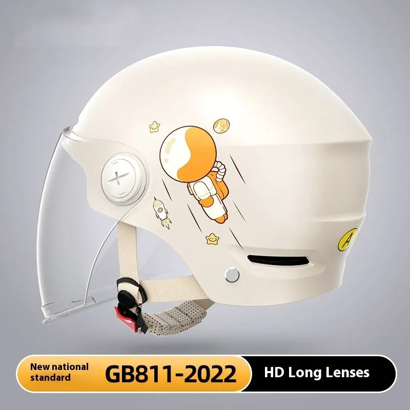 Khaki electric motorcycle half helmet with HD mirror lens on white background