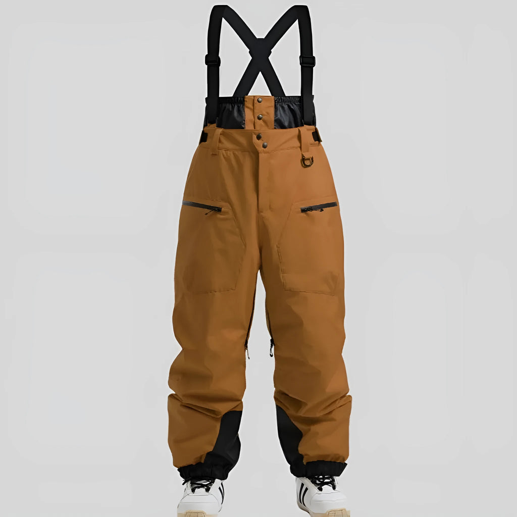 Men's black waterproof ski pants with an adjustable strap waistband and thickened linen fabric.