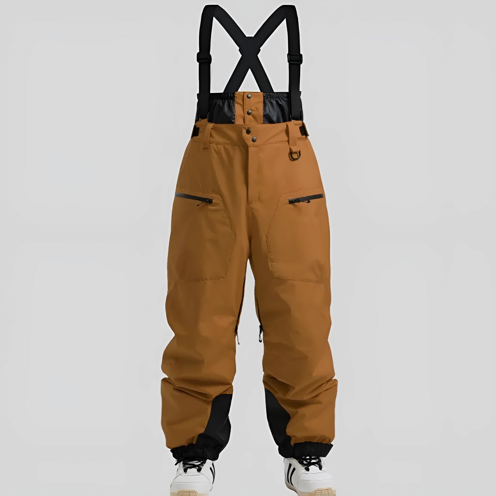 Men's black waterproof ski pants with an adjustable strap waistband and thickened linen fabric.