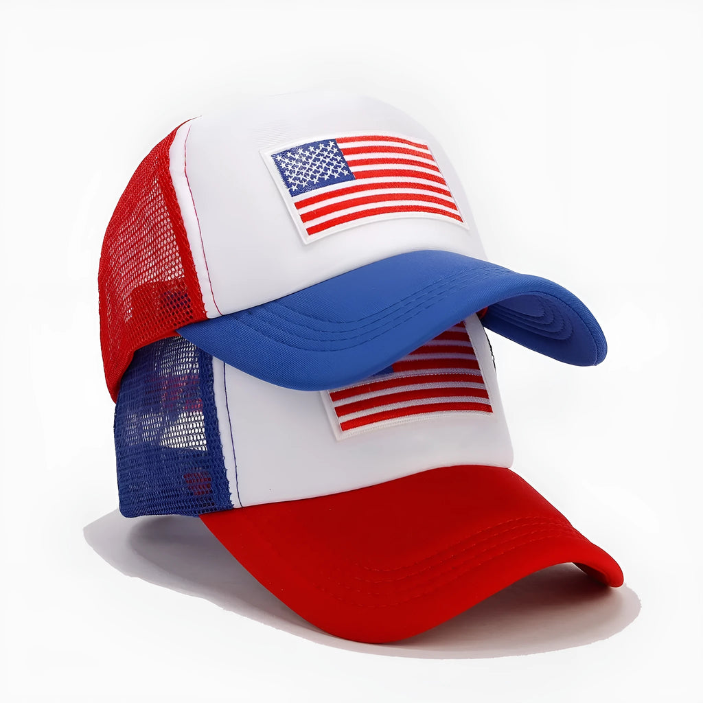 Red and blue contrast mesh baseball cap with adjustable back closure