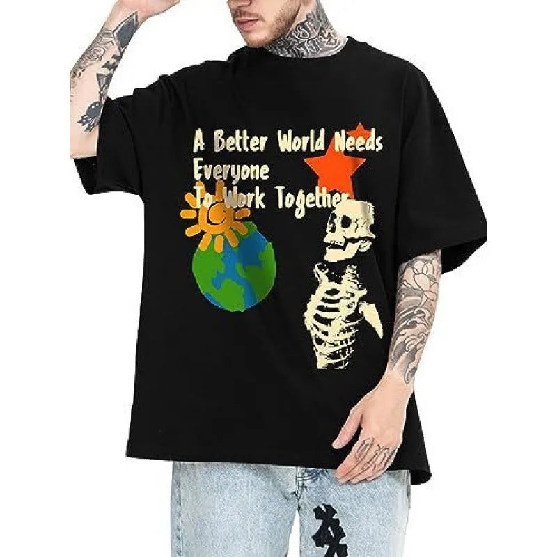 Men's printed short-sleeve street sports t-shirt on a hanger showing one of ten colour designs.