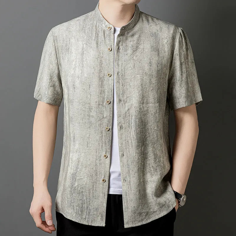 Men's loose-fit linen cardigan-style short sleeve shirt in solid black grey colour.