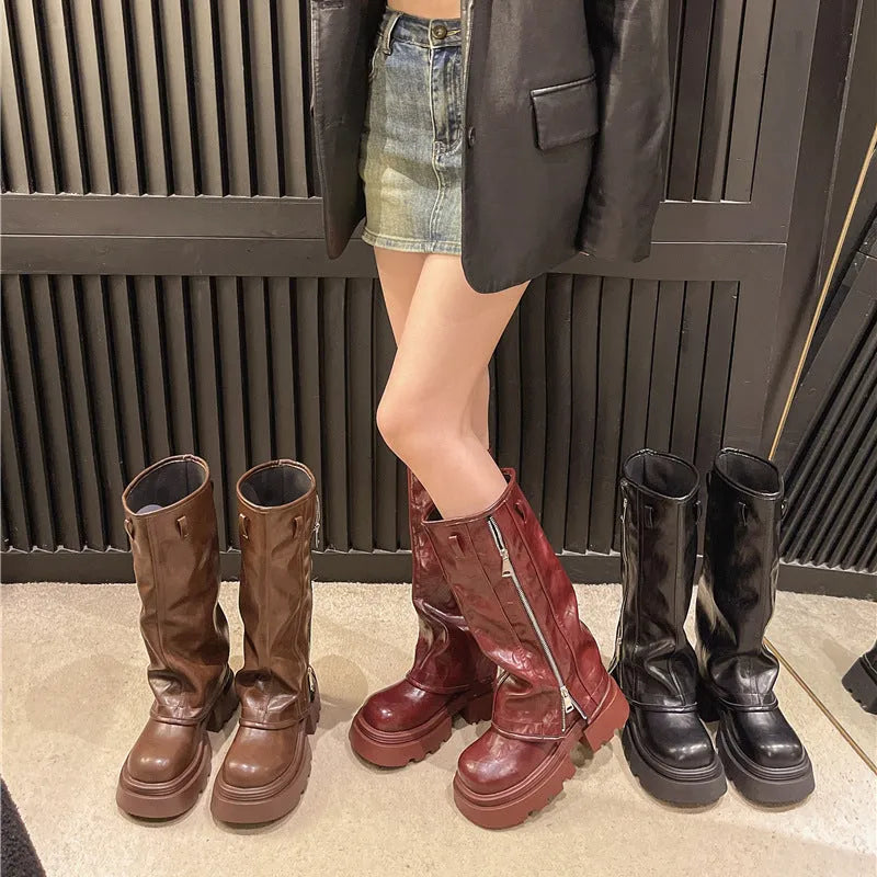 Women's Platform Muffin Pants Martin Boots with high cylinder sock and square heel, in black, brown, and wine red.