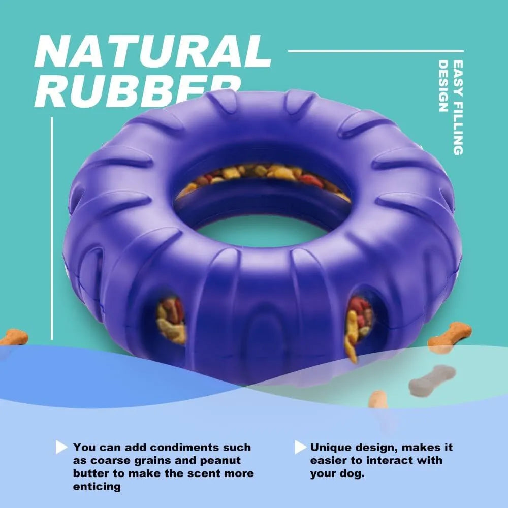 Blue beef-flavoured rubber tyre dog toy with oval holes for treat dispensing