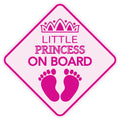 Baby On Board reflective car sticker showing baby character designs with feeding bottle, measuring specific centimetre dimensions