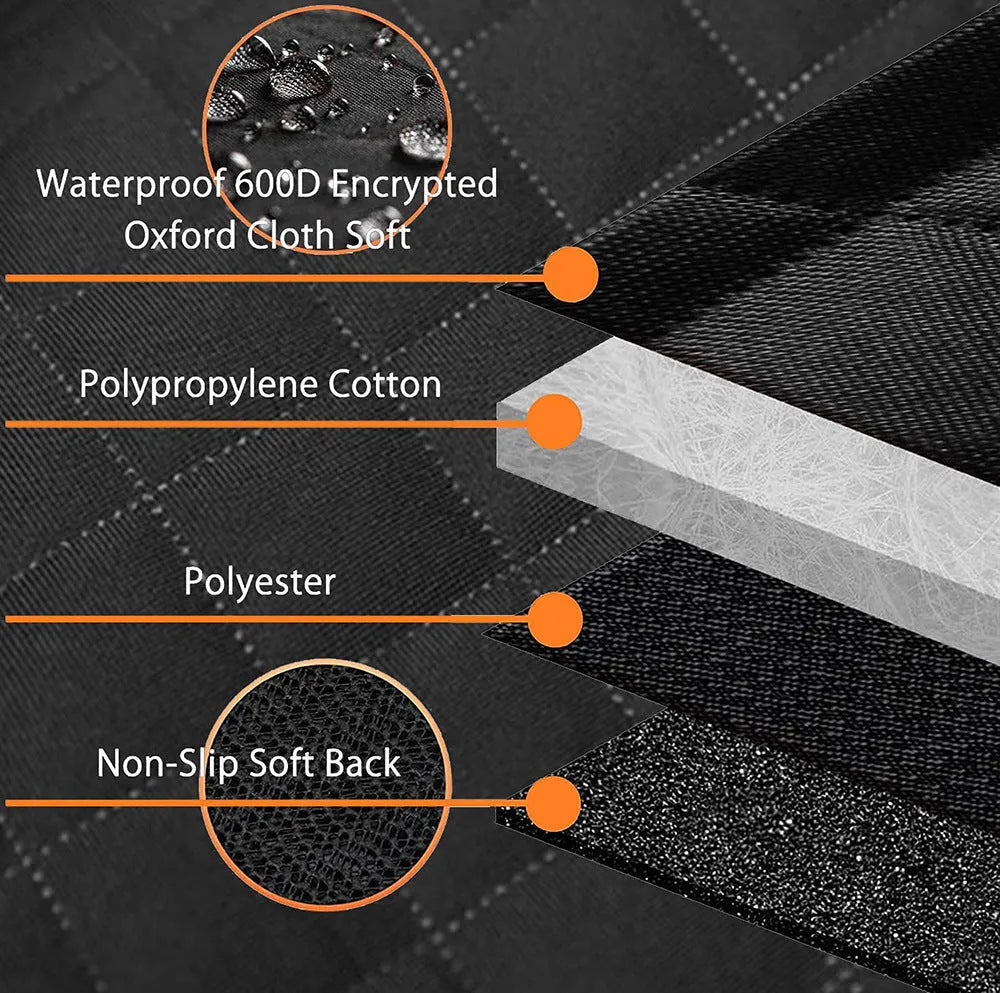 Black waterproof dog car seat cover with orange edging on a car rear seat, showing mesh window.