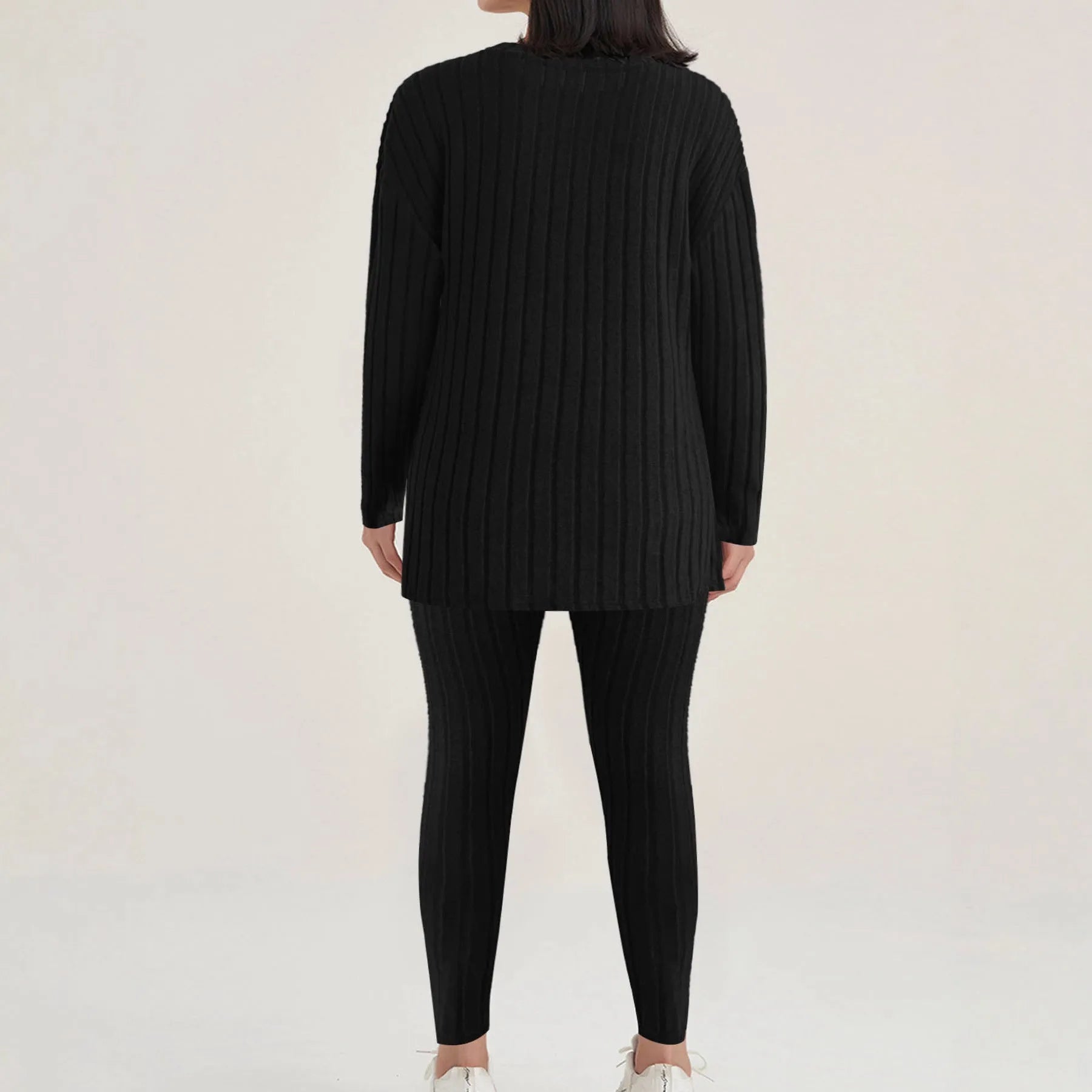 Sunken stripe two-piece homewear set in black or blue with matching pants and top for exercise