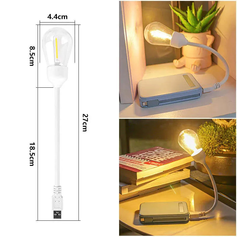 Folding USB rechargeable night light with warm white tungsten bulb, shown in open position.