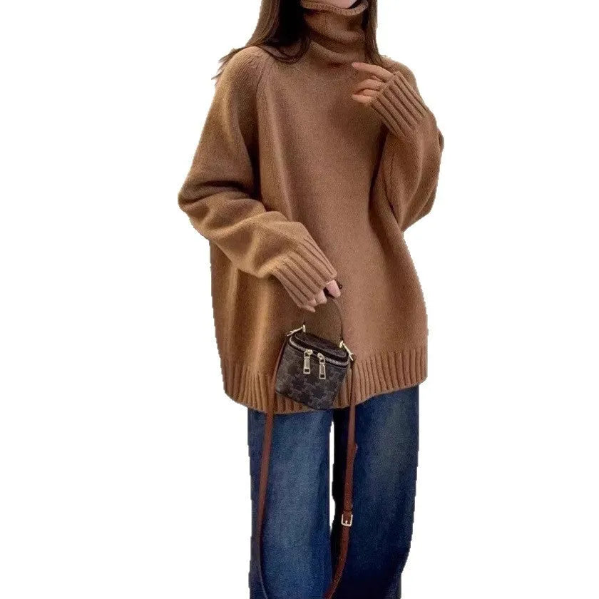 Women's thick turtleneck sweater in solid color with loose casual fit and curled pile collar detail, available in red, camel, gray, and black