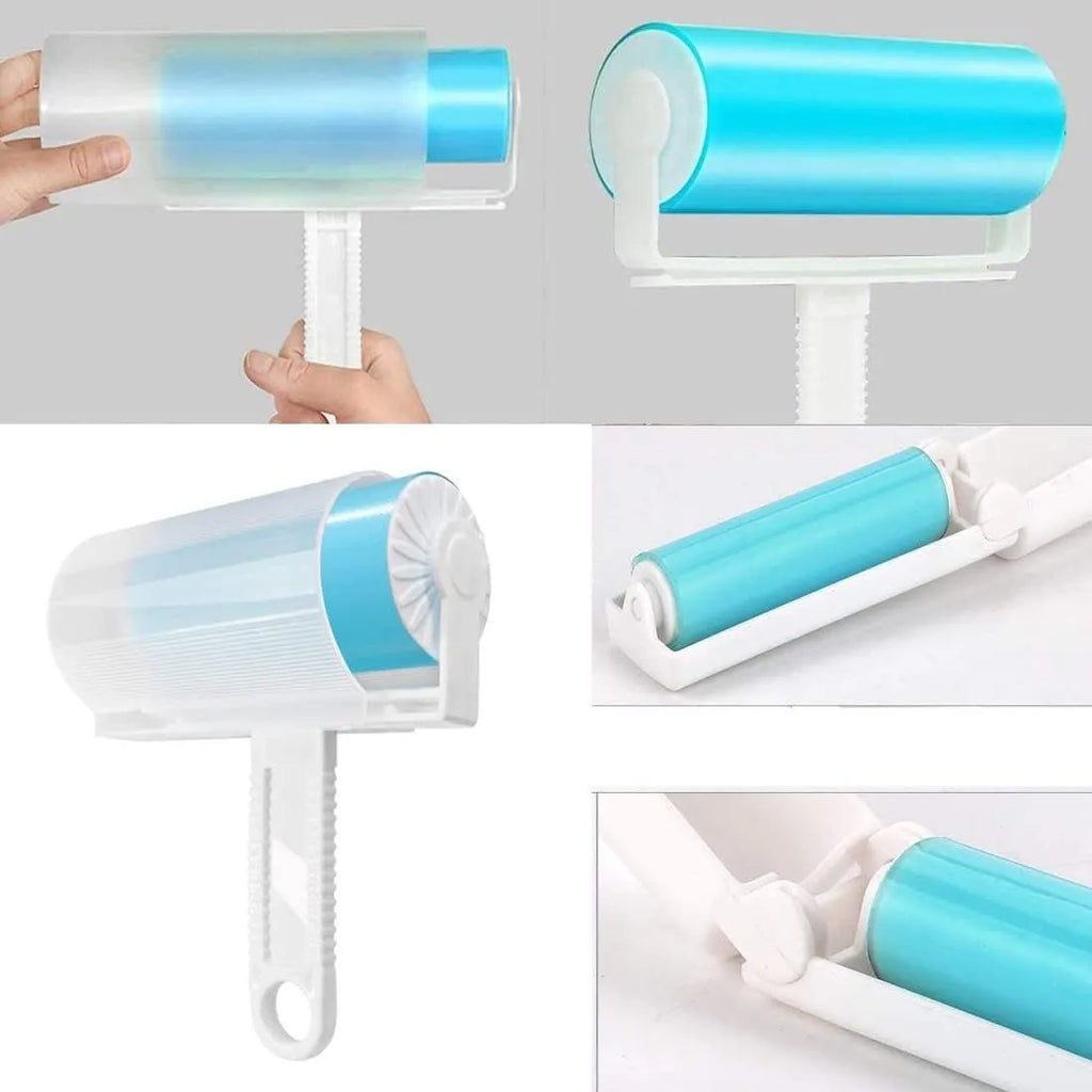Blue reusable washable lint roller with cover for removing pet hair from clothes and furniture.
