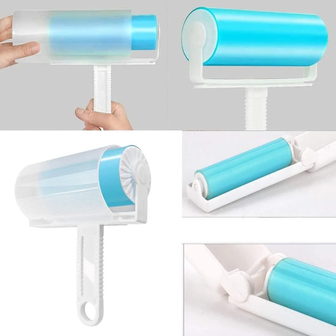Blue reusable washable lint roller with cover for removing pet hair from clothes and furniture.
