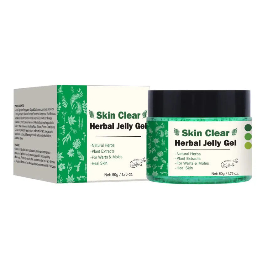 Clear transparent herbal gel in 50g container for skin cooling and soothing